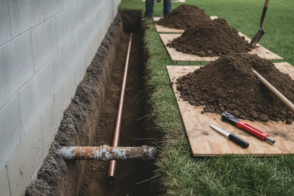 Excavated water line trench during Sewer Line Repair in Broad Run